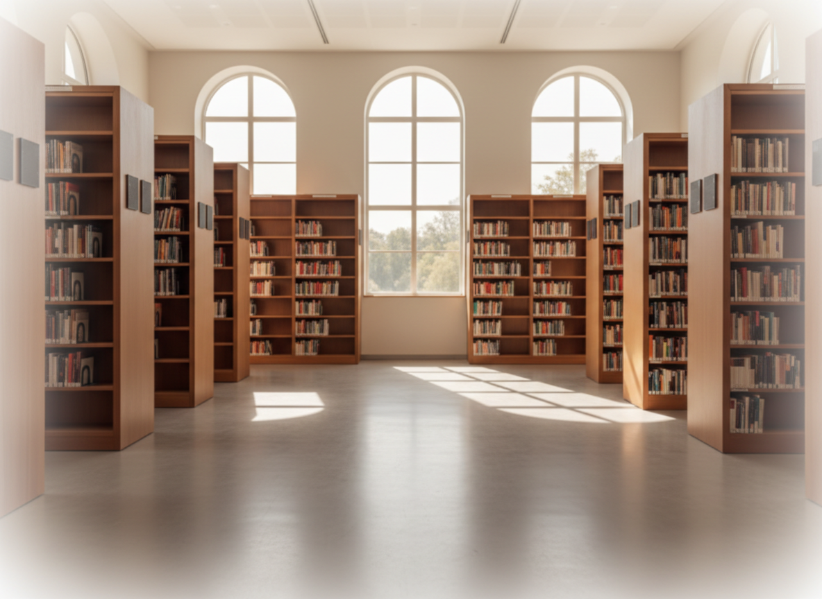 Fotografía panorámica de una biblioteca moderna y luminosa, con estanterías llenas de libros desenfocados al fondo, tonos cálidos y profesionales, espacio negativo en el centro para colocar texto encima, estilo limpio y editorial.